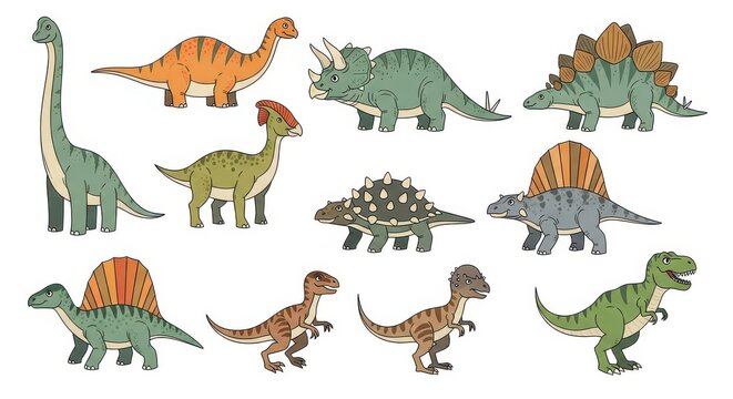 Vector Illustration Set of Various Prehistoric Dinosaurs Including T-Rex Triceratops and Stegosaurus