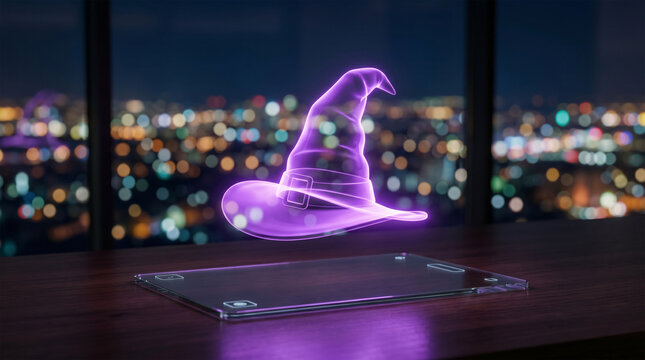 Glowing holographic purple witch hat over smart tablet