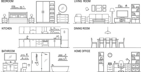 Home Interior Furniture CAD Elevation Collection with Bedroom Living Room Kitchen Bathroom and Office Line Drawings © SHOJEB