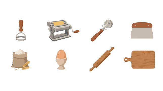 Bakery utensils set with pasta roller, rolling pin, scoop, dough cutter, flour bag, egg, eggshell, wooden board, and wheat for baking and pastry preparation