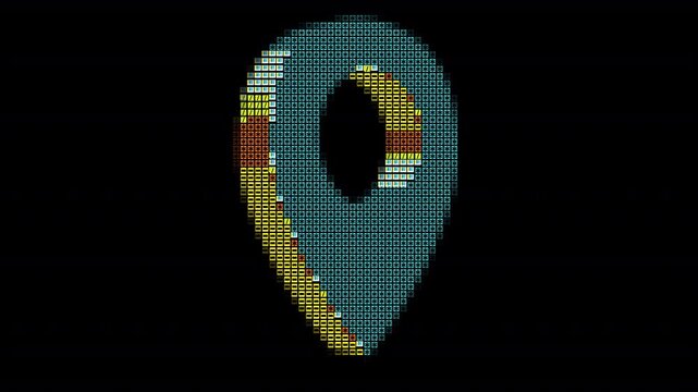 Pixel Art Retro Style Location Pin Map Marker Shape with ASCII STYLE Yellow Blue and Red Mosaic Pattern on Transparent Background