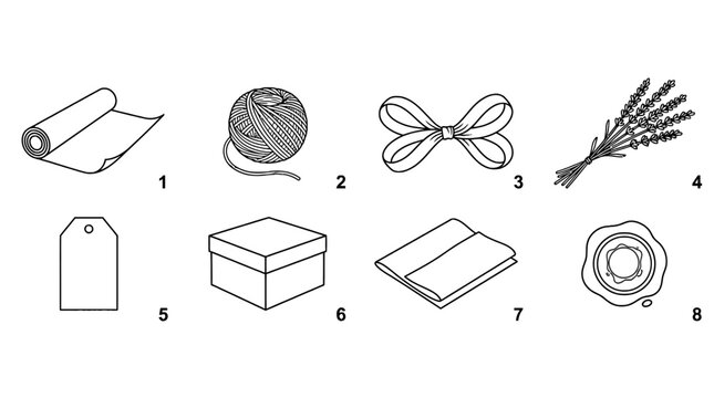 Collection of illustrated craft and gift wrapping supplies including wrapping paper ball yarn ribbon lavender tag gift box tissue paper and gift wrapping elements