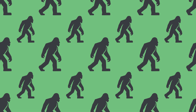 Seamless pattern of dark bigfoot sasquatch silhouettes walking on a light green background, ideal for forest themes.