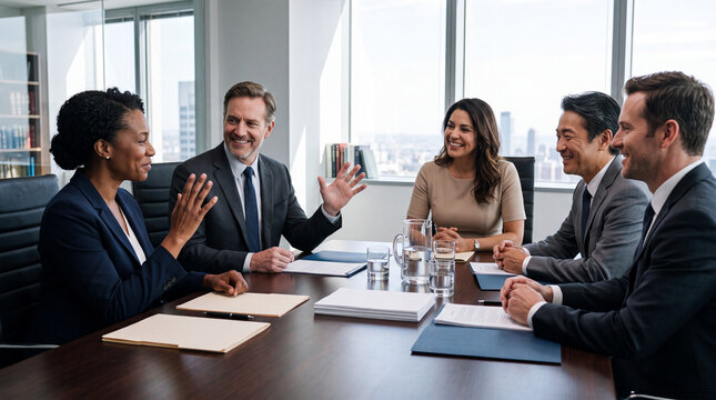 Successful corporate mediation and conflict resolution process with professional diverse lawyers and business executives in modern meeting room