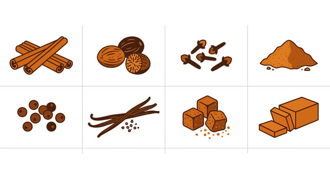 Spices and ingredients set including cinnamon sticks, nutmeg, cloves, ground spice, black pepper, vanilla, sugar cubes, and ginger for cooking and baking