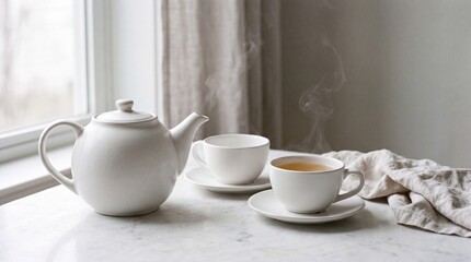 Fototapeta premium Realistic atmospheric still life of clean white teacups and a white ceramic teapot with rising steam, representing tea time, minimalism, calm morning ritual and cozy beverage photography concept