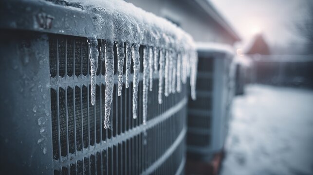 Air conditioner unit covered with icicles during winter frost. Ideal for cold weather HVAC system.
