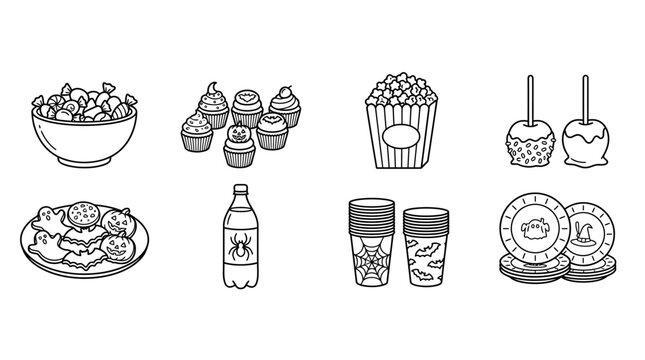 Halloween party snacks and treats, spooky desserts, candy, popcorn, cookies, cupcakes, cake, soda, decoration, holiday celebration, autumn, fall, fun, festivity, kids, monsters, bats, ghosts