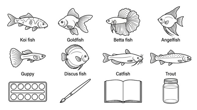 Collection of cartoon fish drawings including koi fish, goldfish, betta fish, angelfish, guppy, discus fish, catfish, trout with fishing equipment and aquarium items, simple line art
