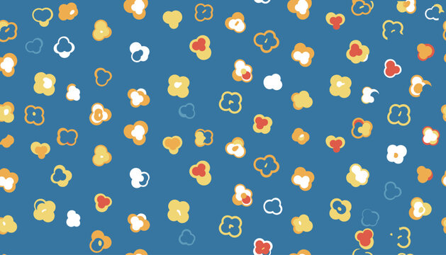 Cute seamless background pattern featuring small popcorn kernels on a solid dark blue background backdrop.