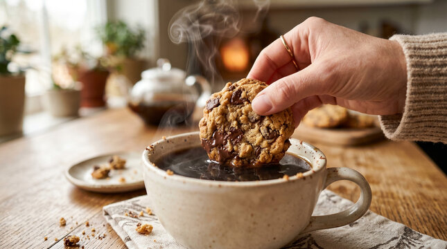 Hand dipping cookie into steaming cup of coffee on wooden table  