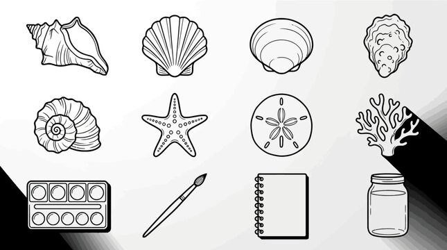 Illustration of seashells starfish coral fish and beach accessories black and white line art for ocean themed designs