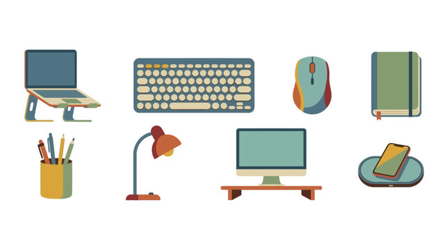 Workspace essentials illustration with laptop, keyboard, mouse, notebook, desk lamp, monitor, smartphone, pen holder, and stationery for office setup or study environment