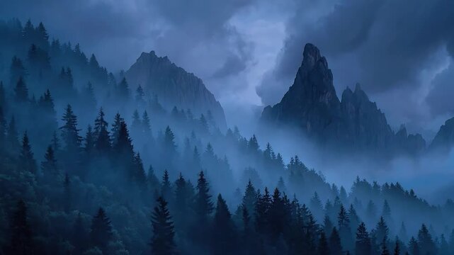 Misty Mountain Peaks at Dusk: Towering mountain peaks shrouded in ethereal mist and dark, foreboding clouds, with a dense evergreen forest clinging to their slopes under the fading light.