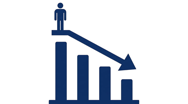 Business financial decline icon with human figure standing on a falling bar graph showing negative growth and economic loss