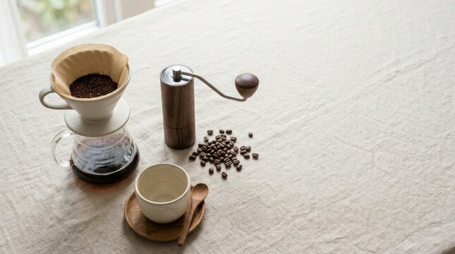 Minimalist Pour Over Coffee Brewing Setup with Manual Grinder and Ceramic Cup on Linen Tablecloth