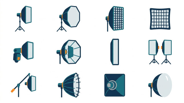 Collection of studio lighting equipment icons.