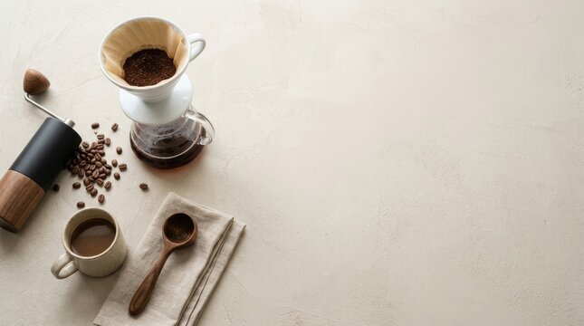 Overhead View of Manual Coffee Grinder and Pour Over Coffee Maker with Latte Cup