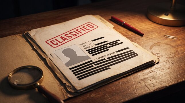 Open classified dossier folder with a blank redacted agent profile and empty photo placeholder on a warm wooden desk under dramatic lamp light, representing a covert espionage investigation concept
