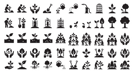 Fototapeta premium Set of black icons representing environmental conservation and tree planting activities with planting