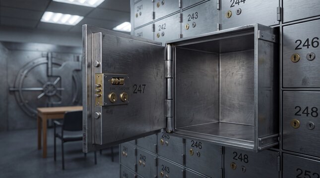 Open metal safe deposit box with dual-key lock in a secure bank vault room lined with steel boxes, cool institutional lighting with warm brass accents, representing financial security
