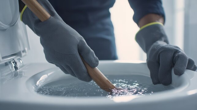 A person using a plunger to unclog a blocked toilet bowl. Plumbing repair concept for home maintenance ads.