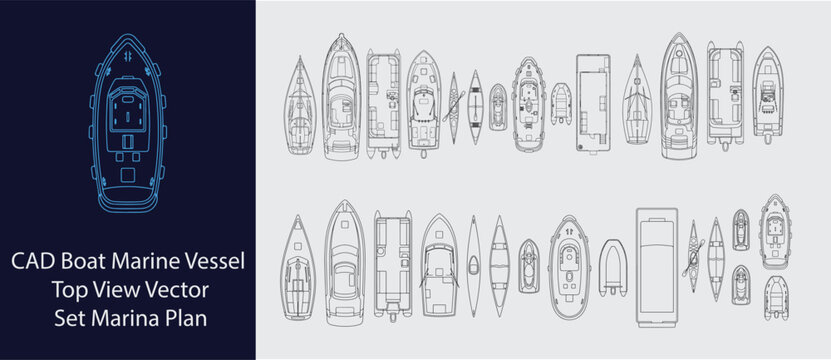 CAD Boat Marine Vessel Top View - Marina Plan Vector Set
