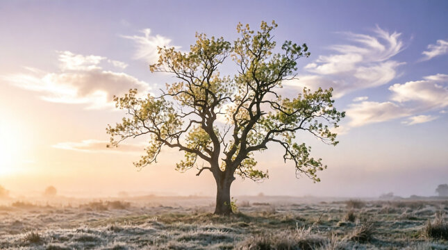 Lonely winter tree glows in sunrise light showcasing serene beauty and natural seasonal landscape grace.