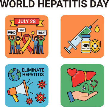 World Hepatitis Day icon set with July 28 people, HBV vaccine, eliminate hepatitis megaphone and liver care illustration