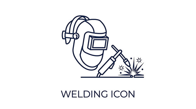 Welding icon depicting protective mask helmet and torch with sparks in thin line style vector illustration