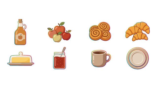 Assorted breakfast foods and beverages illustration including juice, apples, croissants, coffee, butter, jam, and bread for bakery and caf? marketing