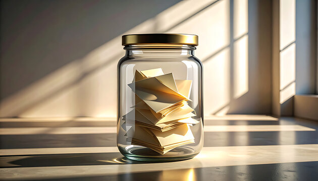 Glass jar with folded paper notes 3.
