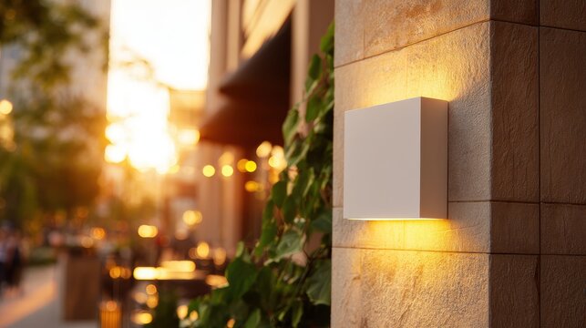 Modern exterior wall sconce casting warm uplight and downlight. Cozy lighting concept for hospitality design.
