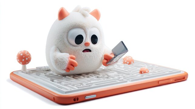 Cute creature using a phone in a maze