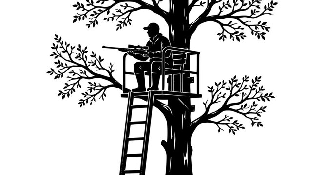 Hunter Silhouette Sitting in Elevated Tree Stand with Rifle Isolated on White Background Flat Black Vector Illustration for Hunting Wildlife Outdoor Sports Design