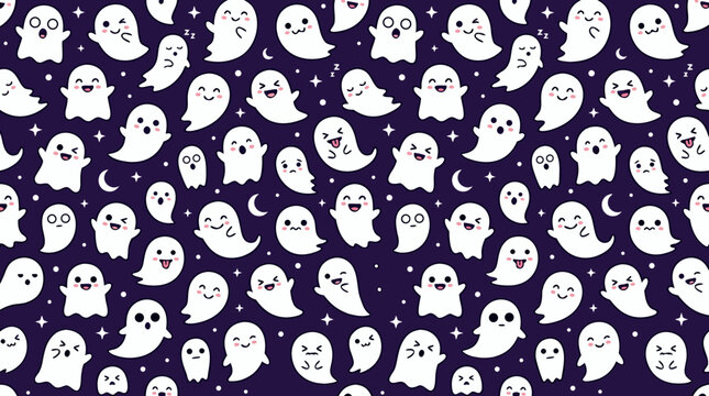 Cute Kawaii Ghosts Seamless Pattern Dark Purple Halloween Vector Backdrop
