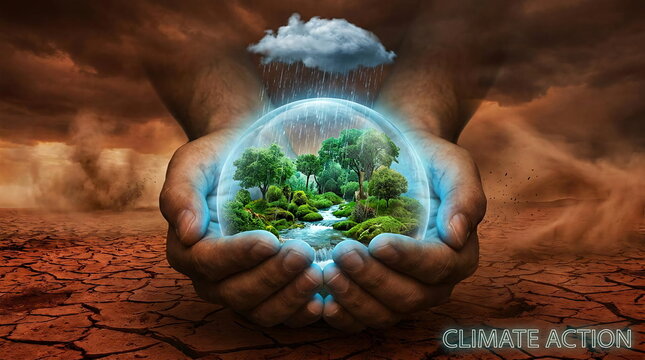 Hands holding forest biosphere for climate action awareness.