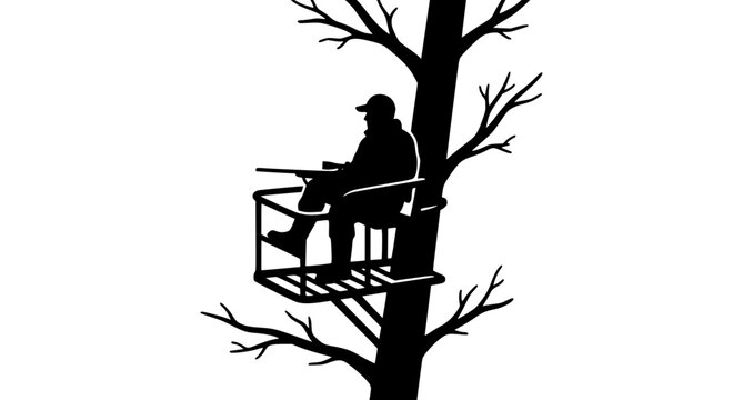 Minimal Hunter in Tree Stand Silhouette with Rifle and Safety Platform Isolated on White Background Outdoor Hunting Black Vector Graphic Collection