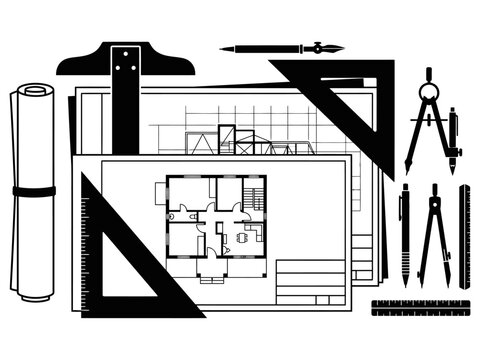 Architectural blueprints and drafting tools silhouette