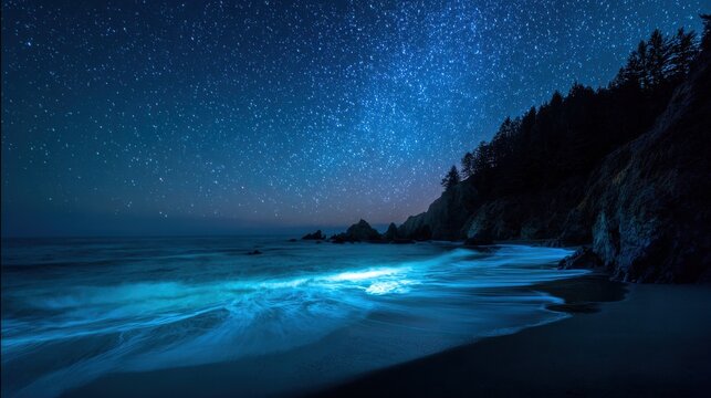 Bioluminescent waves crashing on a dark beach under starry night sky. Ideal for nature and travel ads.