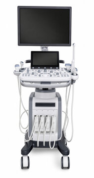 Generative AI isolated medical product image of mobile ultrasound machine with monitor and probes on a pure white background. Clean radiology equipment for healthcare, clinical technology.