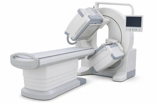 Generative AI isolated medical product image of dual-head SPECT gamma camera on a pure white background. Clean radiology equipment for healthcare, diagnostic technology and commercial design.