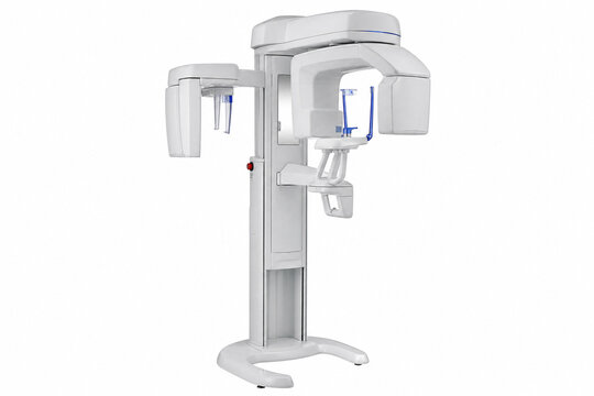 Generative AI isolated medical product image of cephalometric dental X-ray unit on a pure white background. Clean radiology equipment for healthcare, diagnostic technology and commercial design.