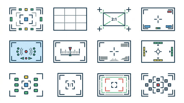 Collection of various camera viewfinder icons and symbols.