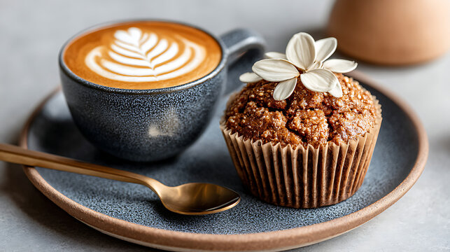 Golden-crusted muffin paired with rich coffee in a ceramic mug, creating a cozy and satisfying caf&eacute; moment.
