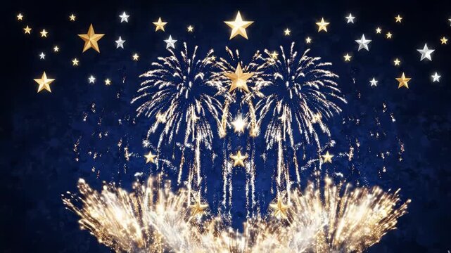 Festive fireworks display with golden stars against a dark blue background