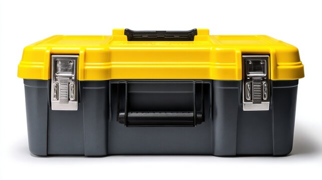 Black and yellow heavy duty plastic toolbox isolated on white background. Perfect for DIY and construction.
