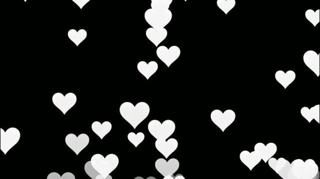 Romantic white hearts flying up overlay 4k alpha channel. heart icons animation. love hearts rising up, shiny heart particles flowing up on a dark background, loop animation. for love and health vid