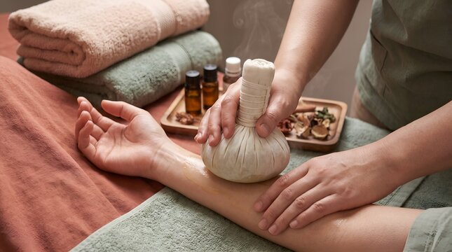 Professional therapist applying traditional Thai herbal compress massage to a clients arm in a spa.