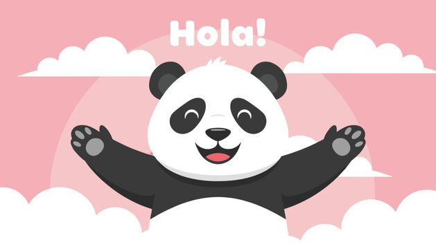 Smiling cartoon panda bear welcoming with open arms under a pink sky with clouds and the Spanish word Hola.